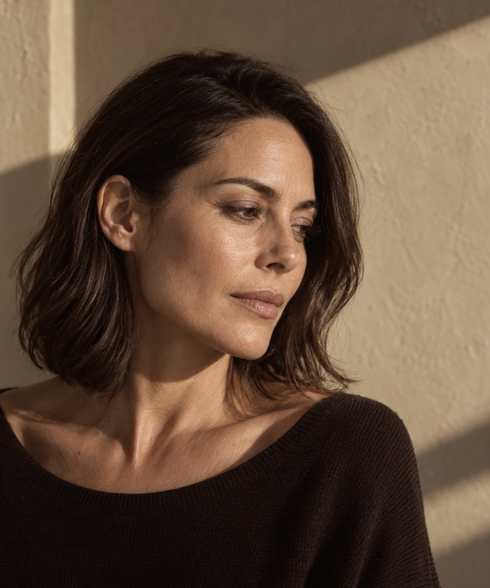Woman with a lowered gaze in warm sandstone light.