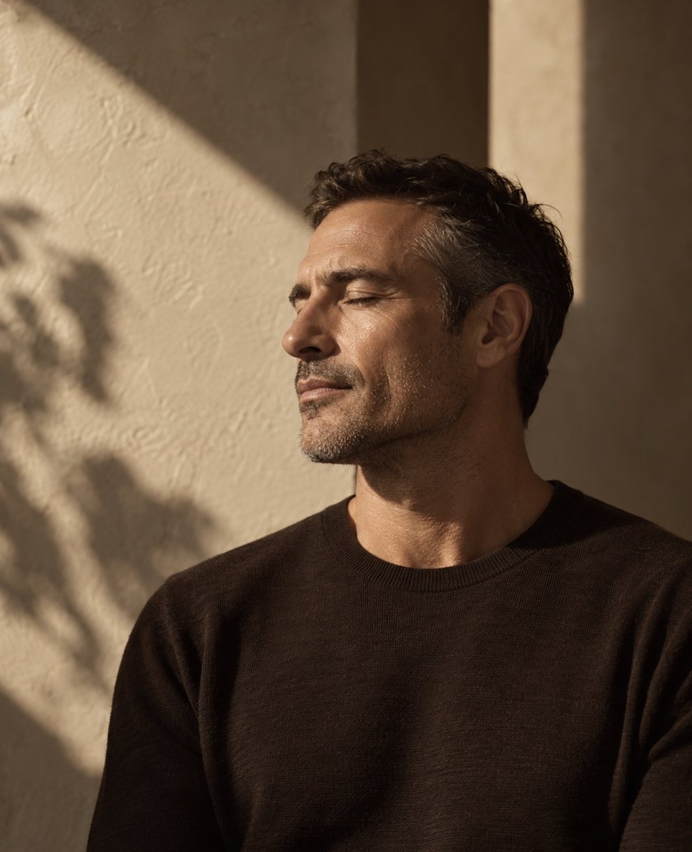 Man with eyes closed in warm sandstone light.